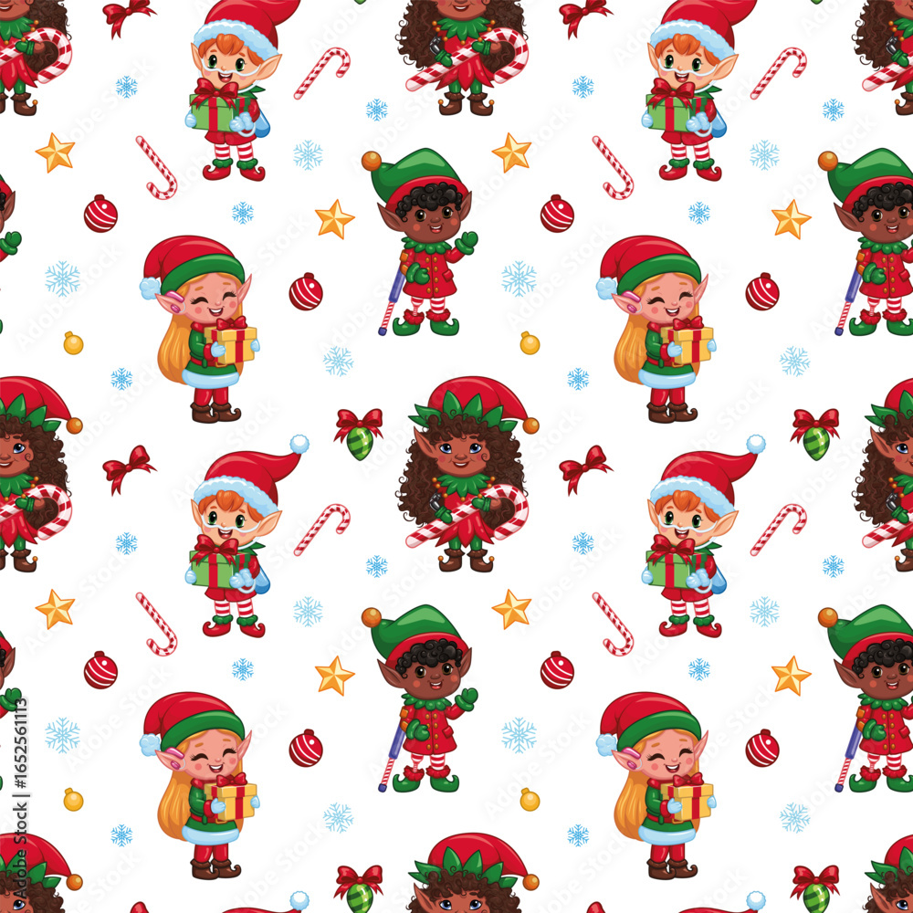 Seamless Christmas pattern, diverse and inclusive elves in festive outfits. Perfect for holiday designs, gift wrap, textiles. Cute characters in red, green, gold colors. Isolated on white background Seamless Christmas pattern, diverse and inclusive elves in festive outfits. Perfect for holiday designs, gift wrap, textiles. Cute characters in red, green, gold colors. Isolated on white background
