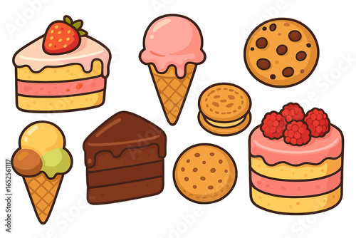 Cute cartoon dessert collection. Vector set of sweet food icons: cake slice, ice cream cone, cookies. Isolated pastry graphics for bakery menu, party, or sweet treats.
