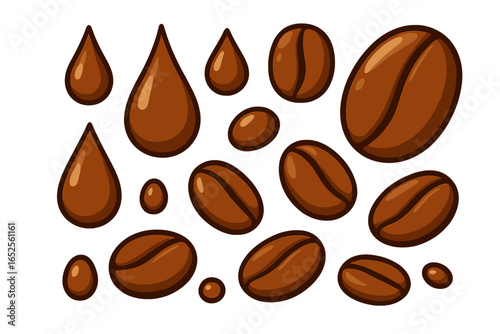 Coffee beans and drops vector set. Cartoon liquid drip and splash illustration. Isolated roasted grain icons for cafe menu, packaging, or espresso advertising design elements.