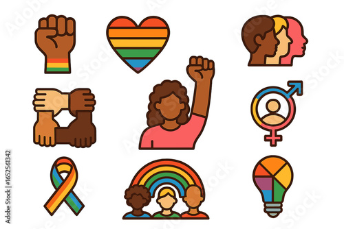 Set of diversity and inclusion icons. Symbols of equality, feminism, lgbtq pride and racial justice. Empowerment, community, and human rights concept. Vector design element.