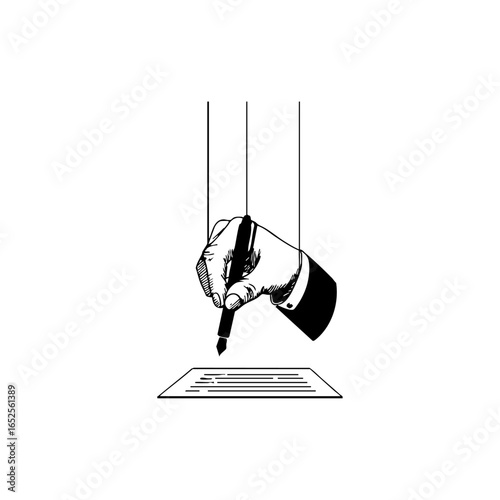 Vector logo of a puppet master controlling a signing hand, symbolizing manipulation, political influence, and coerced decision-making.
