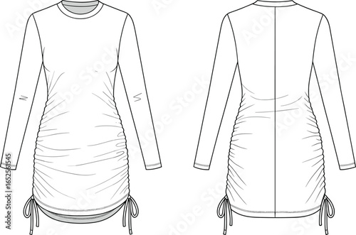 Women ruched dress fashion flat sketch, long sleeve dress template, drawstring hem design, clothing vector illustration, apparel drawing, modern outfit style