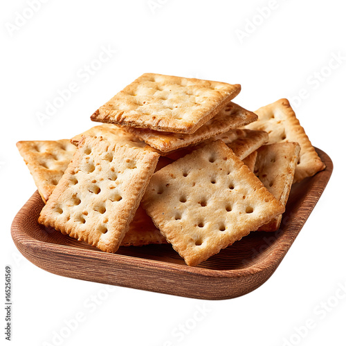 Crackers in wooden plate on transparent background