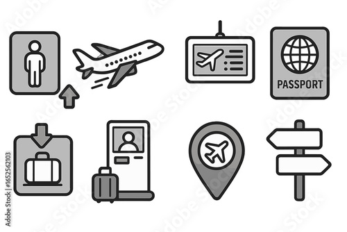 Air travel and airport service icon set. Vector symbols for flight, boarding pass, passport control, luggage claim, check-in, navigation, and destination pin. Gray illustration.
