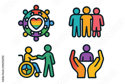 Set of inclusivity and diversity icons. Community and support for all abilities. Vector illustration of teamwork, help, disability, accessibility, and social unity. DEI concept.
