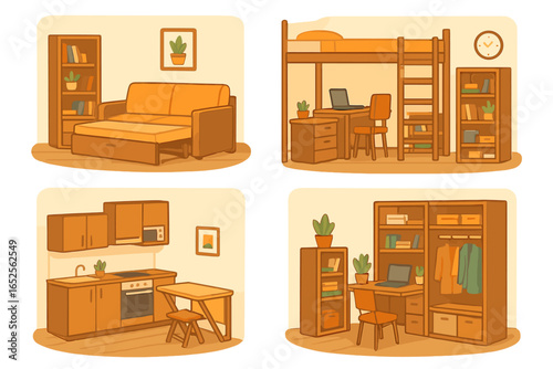 Cozy small space living vector set. Multi-functional furniture for tiny apartment, student dorm room interior. Sofa bed, loft bed with desk, compact kitchen, wardrobe.