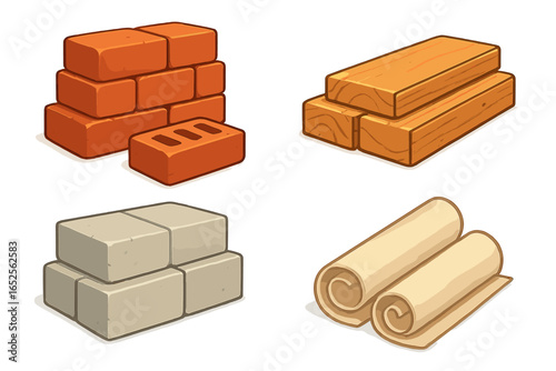 Construction materials vector set. Isometric icons of red bricks, wooden planks, concrete blocks, and insulation rolls. Building industry resource cartoon icons.