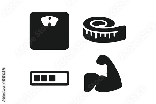 Fitness tracking icon set for health and wellness. Vector symbols for weight loss, diet, muscle gain. Includes scale, measuring tape, bicep, and progress bar pictograms.