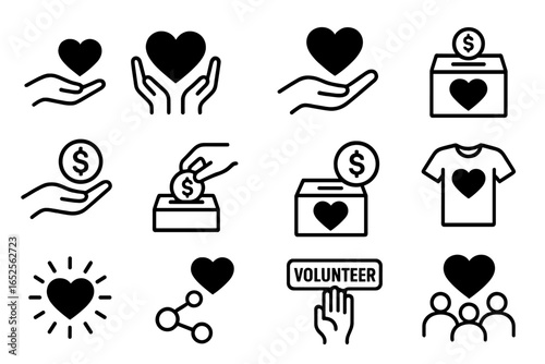 Charity and donation line icon set. Volunteer, giving, love, and support symbols. Community care, fundraising, and help concepts. Minimal vector glyphs with hands, hearts, money.