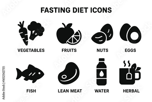 Fasting diet solid glyph icons. Intermittent fasting food symbols set. Healthy eating, nutrition plan concepts. Vegetables, fruits, nuts, eggs, fish, meat, water, herbal.