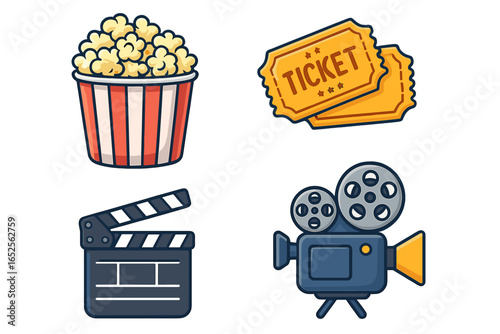Movie night icon set with popcorn, tickets, clapperboard, and film camera. Vector cartoon illustration for cinema, entertainment, and film production concepts.