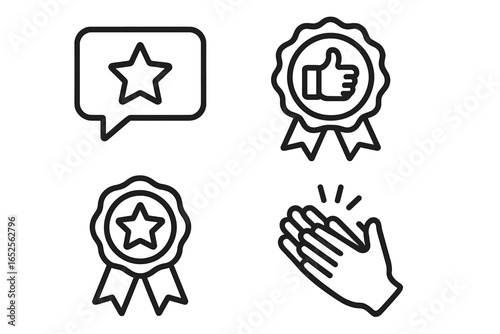 Feedback and recognition outline icon set. Speech bubble with star for rating, thumbs-up badge for approval, award ribbon for quality, and applause for appreciation vector.