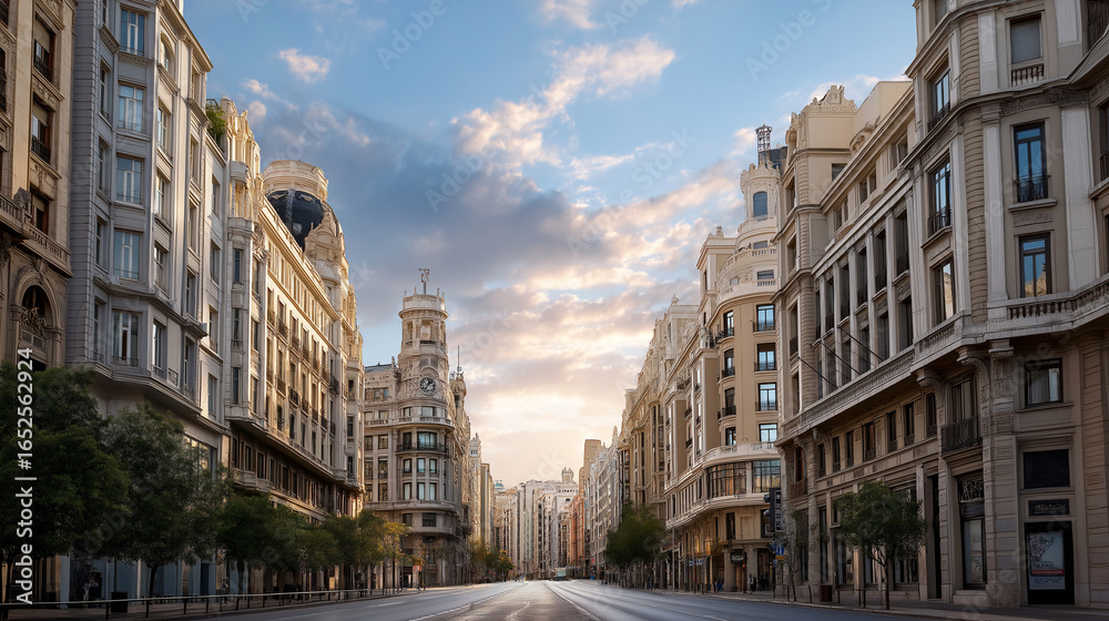 Fototapeta premium Vibrant street scene with classic buildings illuminated by soft light