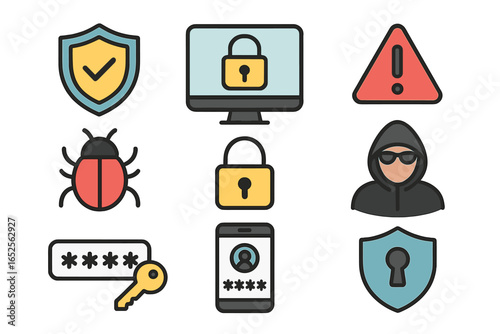 Cybersecurity icon set. Vector symbols for internet safety, data protection, and online privacy. Hacker, virus bug, password key, padlock, shield, and alert signs.