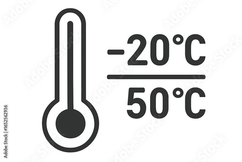 Temperature limitation icon. Thermometer packaging symbol. Storage range from -20 to 50 Celsius. Temperature sensitive cargo label. Logistics sign. Vector illustration for shipping.