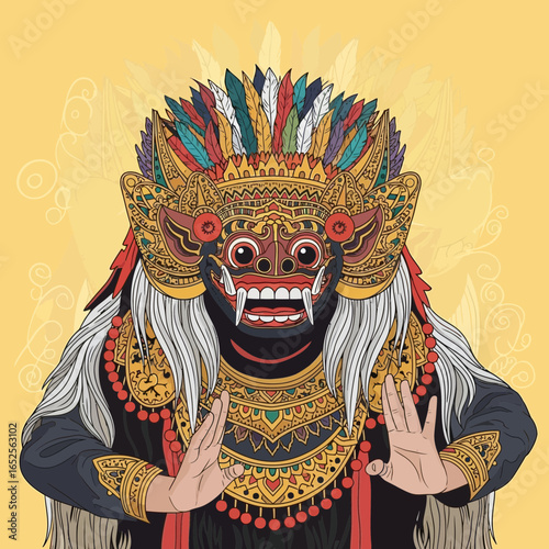 Detailed Balinese Barong Illustration with Traditional Costume and Headdress Art