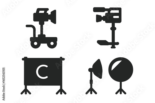 Film crew equipment solid glyph icon set. Vector symbols for movie and video production. Includes professional filmmaking tools like camera dolly, steadicam, chroma key screen.