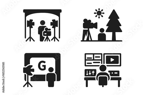 Film crew and video production solid glyph icon set. Filmmaking scenes with studio, outdoor location, green screen, and post-production editing room vector symbols.