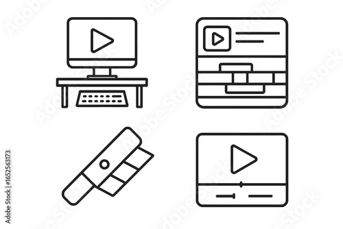 Film editing outline icon set. Video production workstation, software timeline interface, clapperboard, player symbols. Linear vectors for post-production, movie making, vlogging.
