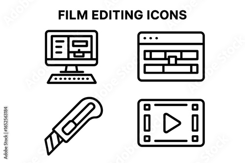 Film editing outline icon set. Video production and post-production symbols. Includes editing workstation computer, timeline interface, cutting blade for splicing, and player.