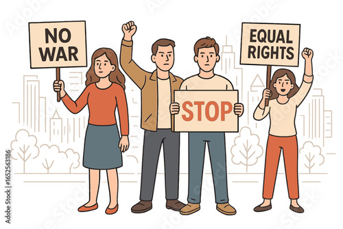 Protest for peace and equality. Activists with signs No War, Equal Rights, Stop. People on demonstration for human rights, social justice. Vector cartoon illustration of a crowd.