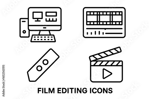 Film editing icons. Outline icon set for video post-production. Includes editing workstation, timeline interface, cutting tool, and clapperboard for playback. Vector concept.