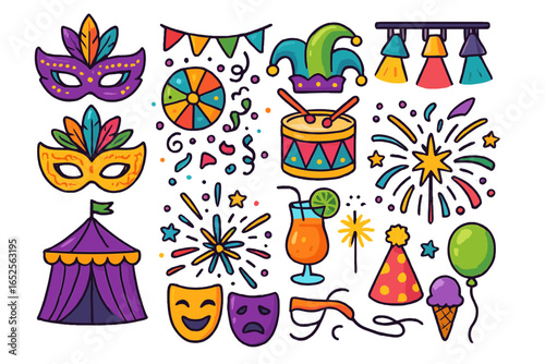 Colorful carnival icon set for festival and party. Vector doodle collection with mask, circus tent, drum, fireworks. Festive entertainment and celebration elements.