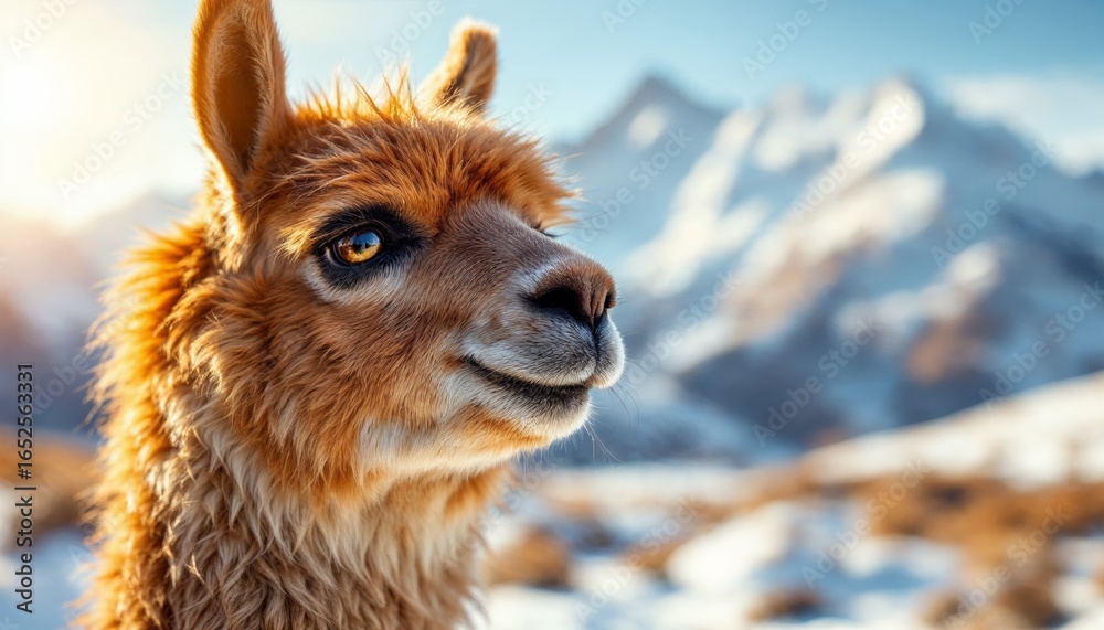 Obraz premium A Smiling Llama's Face Against a Blurred Snowy Mountain Background on a Bright Sunny Winter Day in the Andes
