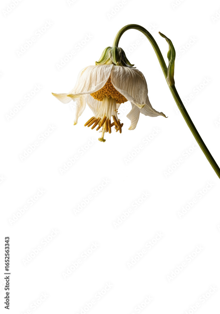Obraz premium An elegantly wilted flower with curled, faded petals and drooping stem, prominent anthers, golden pollen shedding onto a seamless transparent studio background, concept of natural decay and life cycle