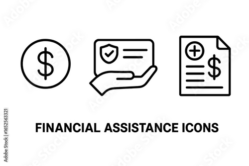 Financial assistance icon set. Health insurance coverage, medical bill payment & healthcare cost concepts. Outline vector icons of dollar sign, insurance card, hospital bill.