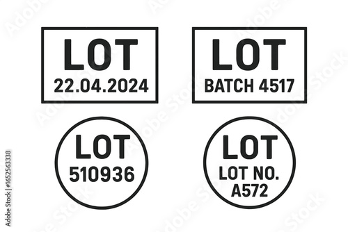 Set of lot number stamps for product packaging. Batch code and production date marking for manufacturing. Industrial label icon for product traceability and quality control.