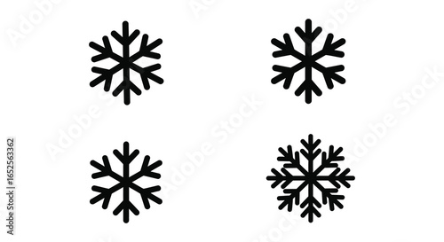 Four simple black snowflake icons on a white background for winter design