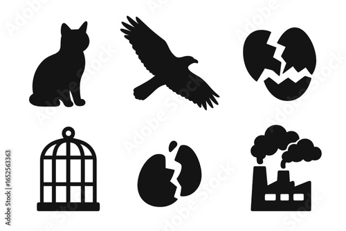 Bird threats icon set. Vector silhouettes of predators like cat and hawk, pollution from factory, broken egg, and cage trap. Wildlife conservation and environment concept.