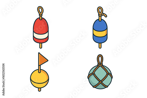 Fishing buoys icon set in isometric flat style. Vector illustration of a lobster pot buoy, crab trap marker, net float with flag, and a glass float. Nautical marine concept.