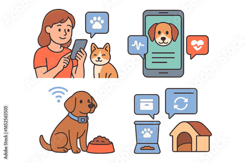 Pet care technology concept. Vector illustration set of smart devices for animal management. Dog with GPS collar, health monitoring app, automatic feeder. IoT for pets.