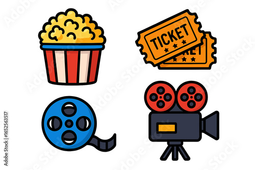 Cinema movie night icon set. Flat cartoon vector illustration collection with popcorn, film tickets, movie camera, and film reel. Entertainment and media production symbols.