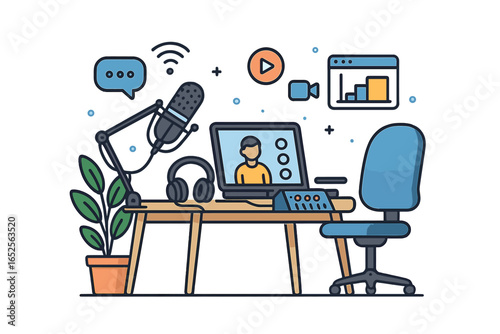 Podcast recording and streaming setup. Home studio workplace for vlogger or content creator. Online broadcasting, webinar, or live stream with microphone and laptop.