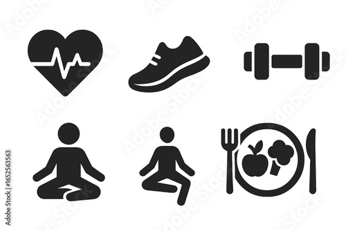 Healthy lifestyle solid icon collection. Fitness, sport, and wellness pictograms. Cardio heart, running shoe, dumbbell weight, yoga meditation, and healthy nutrition food plate.