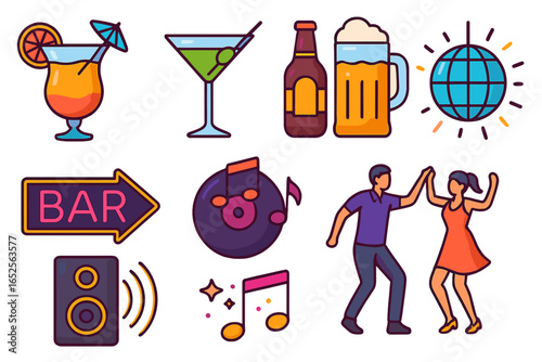 Party and nightlife icon set. Vector illustrations of a dancing couple, cocktails, beer, and a disco ball. Bar, music, and celebration symbols for design elements. Flat cartoon style.