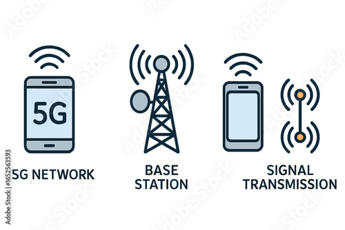 5G network technology icon set. Wireless communication elements including smartphone, base station, and signal transmission. Mobile internet and telecom concept vector.