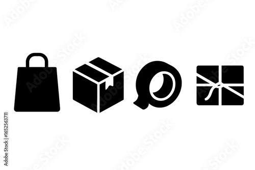 Packaging and delivery solid icon set. Vector of shopping bag, cardboard box, packing tape, and wrapped gift. Shipping and logistics symbols for e-commerce and retail.