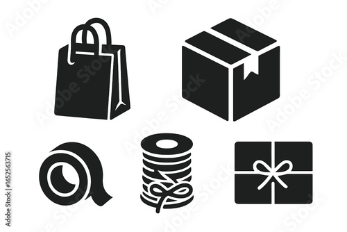 Packaging and shipping solid icon set. Vector glyph collection for e-commerce, logistics and delivery services. Includes shopping bag, box, tape, string and gift wrap.