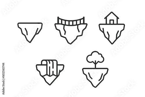 Floating island outline icon set. Vector illustration of fantasy islands in the sky. Includes cliff, hanging bridge, house, waterfall, and tree. For web or game design.