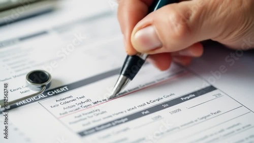 Filling out medical form for Healthcare management with pen detail footage