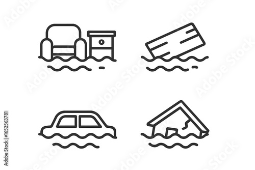 Flooded street line icon set. Natural disaster, climate change concept. Property damage symbols. Submerged house, car, floating furniture, and debris ruin vector signs.