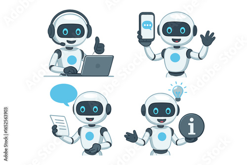 Friendly AI Robots Providing Excellent Customer Service, Technical Assistance, Support, and Information with Diverse Communication Tools. Vector Cartoon Illustration.