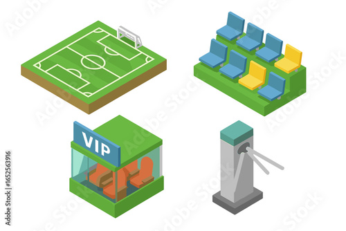 Soccer stadium isometric icon set. Football field, tribune seats, VIP box and turnstile entrance. Vector illustration elements for sport game, match, or championship design.
