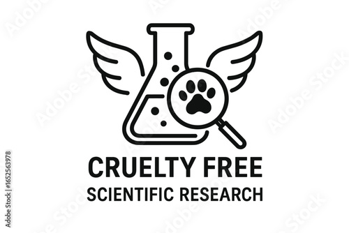 Cruelty free scientific research icon. No animal testing logo for product packaging. Lab flask with wings & paw print in magnifier. Animal welfare & rights symbol vector.