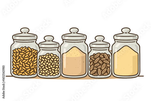 Glass storage jars with grains, seeds, nuts, and powders. Vector cartoon of kitchen pantry organization. Healthy eating, zero waste, and eco-friendly lifestyle concept.