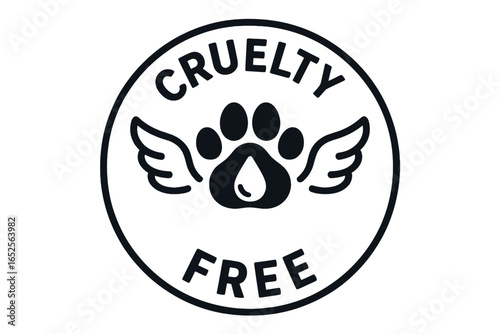 Cruelty Free label for product packaging. Not tested on animals symbol. Vegan friendly icon. Animal rights protection logo. Ethical cosmetic vector stamp with paw print and wings.